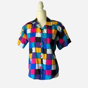 1980s Vintage Multicolored Abstract Patterned Blouse